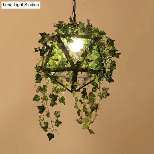 Geometric Metal Led Pendant Light With Plant Decor In Black