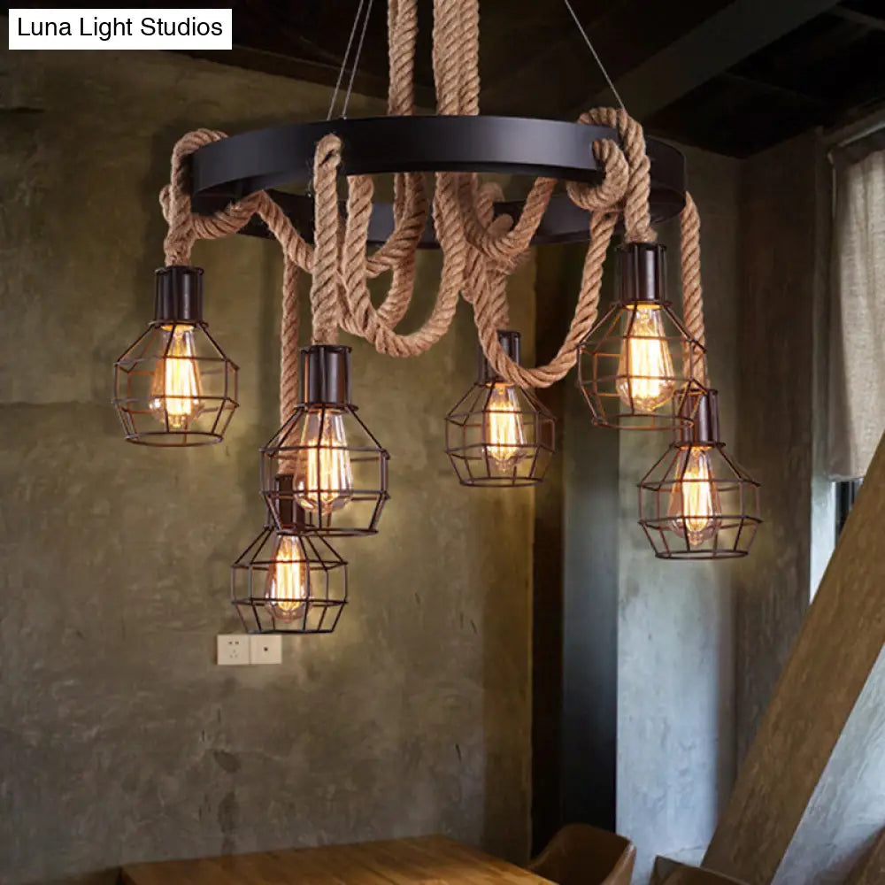 Sophisticated Geometric Brown Chandelier: Natural Rope Countryside Suspension Light