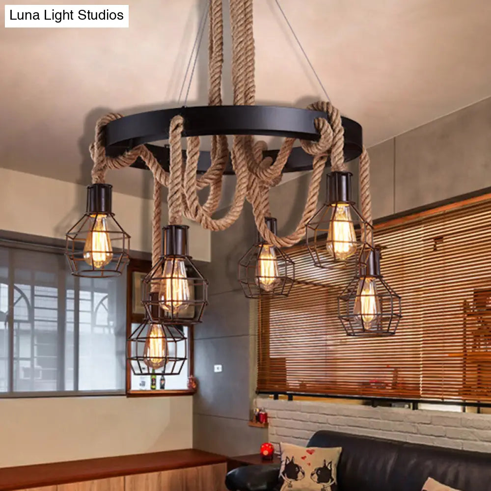 Sophisticated Geometric Brown Chandelier: Natural Rope Countryside Suspension Light 6 /