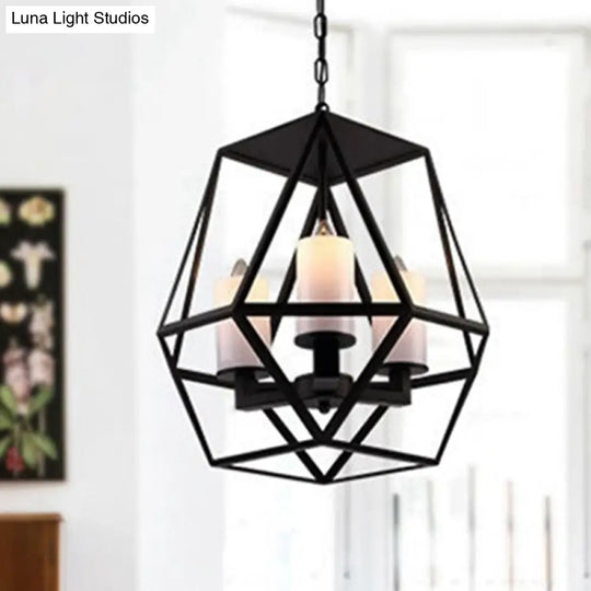 Geometric Opal Glass Dining Room Pendant Chandelier | Industrial Black Hanging Fixture With Cage