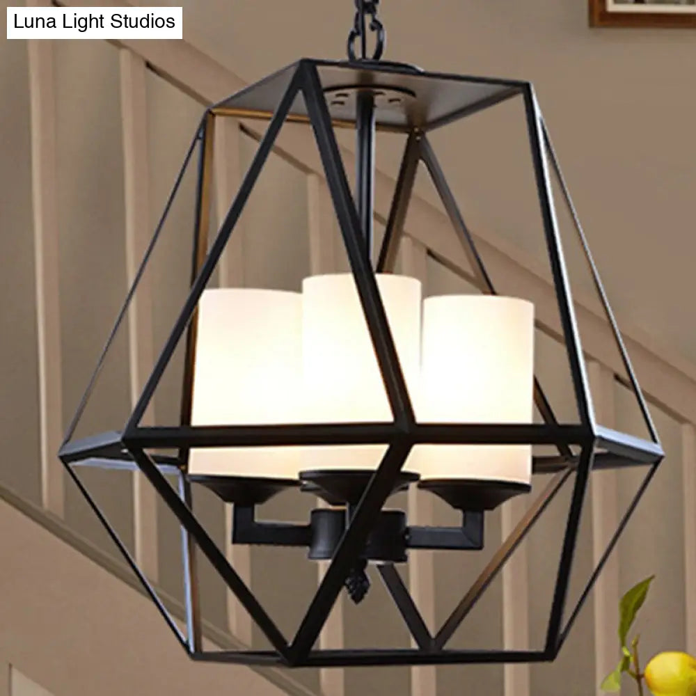 Modern Geometric Dining Room Pendant Chandelier With Opal Glass And Black Cage 3/4 Light Hanging