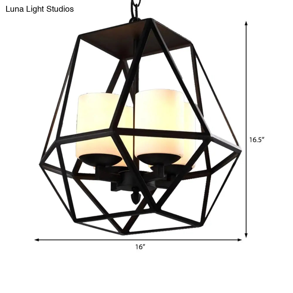 Geometric Opal Glass Dining Room Pendant Chandelier | Industrial Black Hanging Fixture With Cage