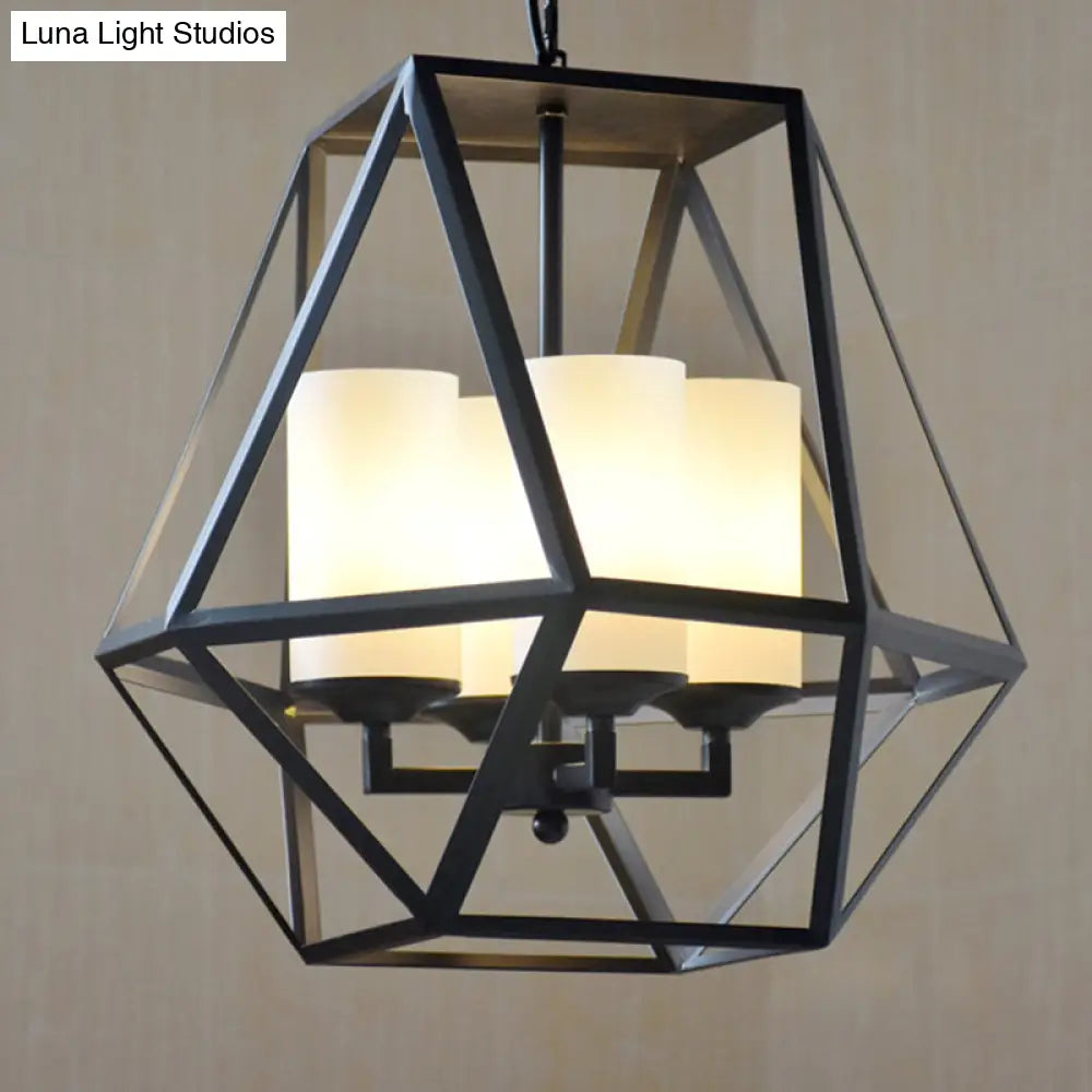 Geometric Opal Glass Dining Room Pendant Chandelier | Industrial Black Hanging Fixture With Cage