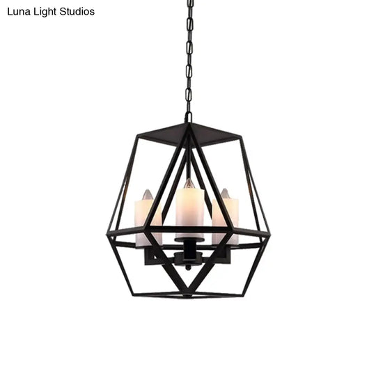 Geometric Opal Glass Dining Room Pendant Chandelier | Industrial Black Hanging Fixture With Cage