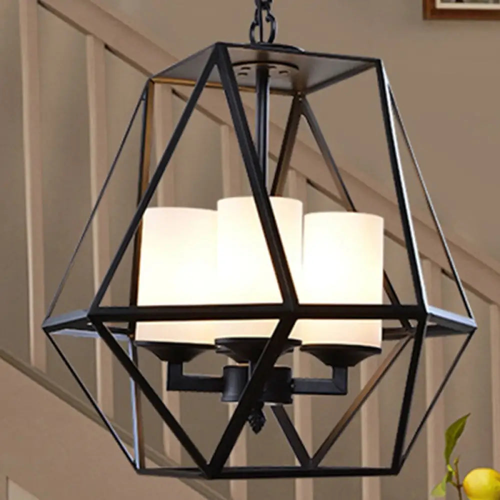 Geometric Opal Glass Dining Room Pendant Chandelier | Industrial Black Hanging Fixture With Cage