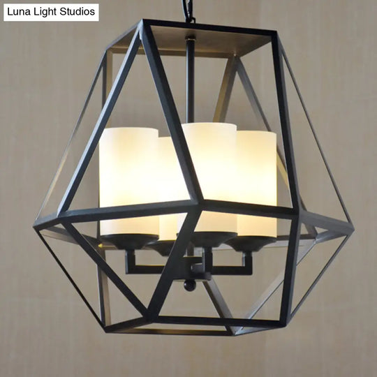 Modern Geometric Dining Room Pendant Chandelier With Opal Glass And Black Cage 3/4 Light Hanging