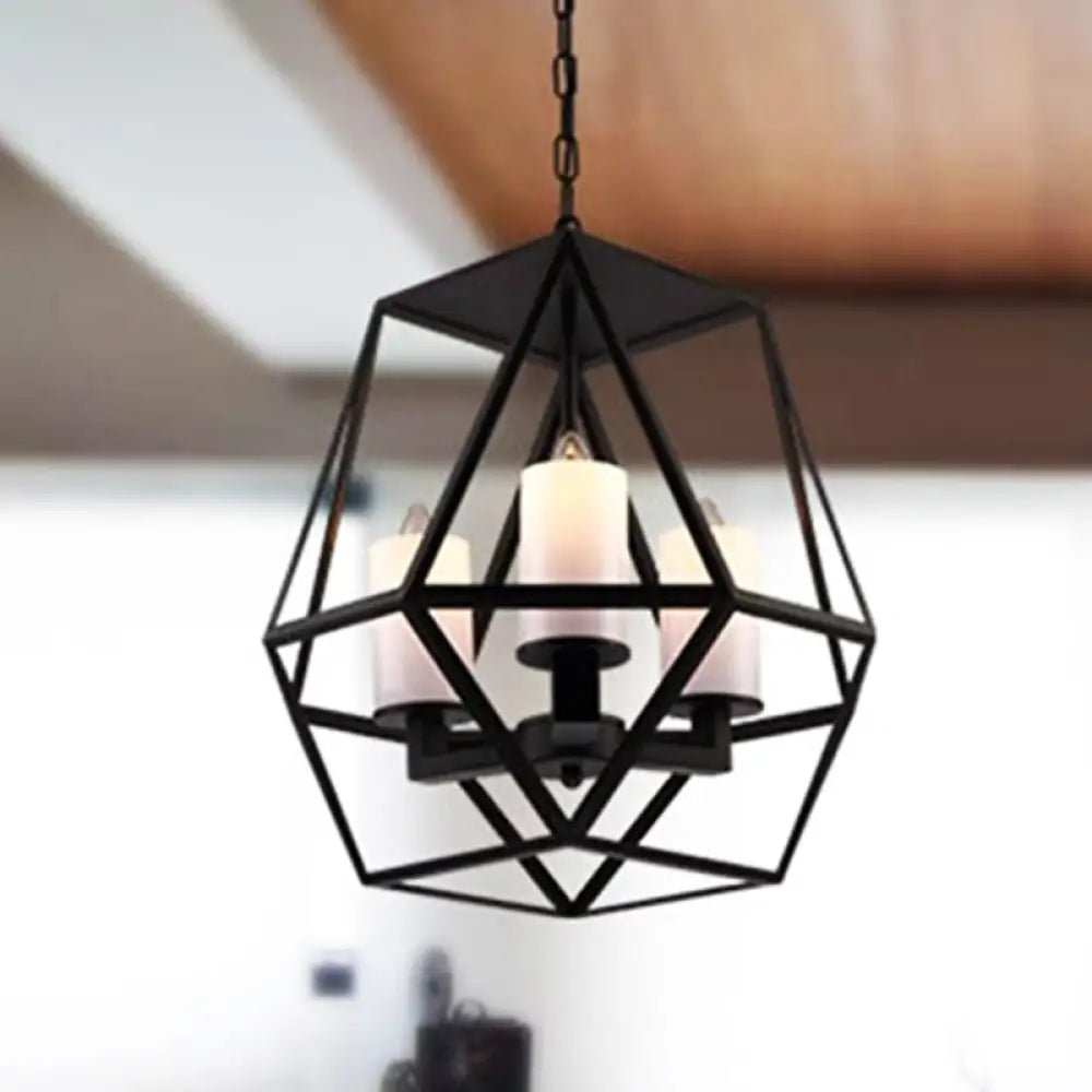 Geometric Opal Glass Dining Room Pendant Chandelier | Industrial Black Hanging Fixture With Cage