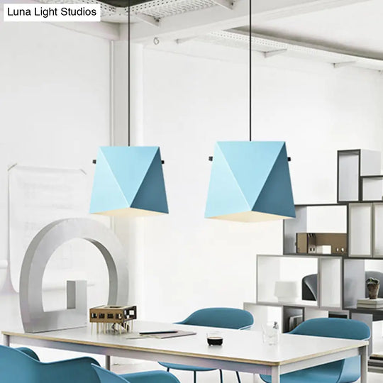 Geometric Pendant Ceiling Light In Macaron Iron Down Lighting With 1 Bulb - Pink/Black/Blue