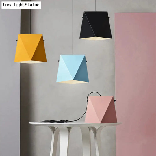 Geometric Pendant Ceiling Light In Macaron Iron Down Lighting With 1 Bulb - Pink/Black/Blue