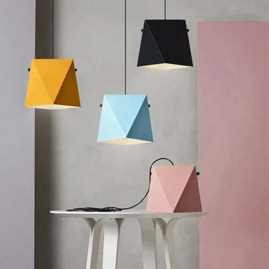 Geometric Pendant Ceiling Light In Macaron Iron Down Lighting With 1 Bulb - Pink/Black/Blue Black