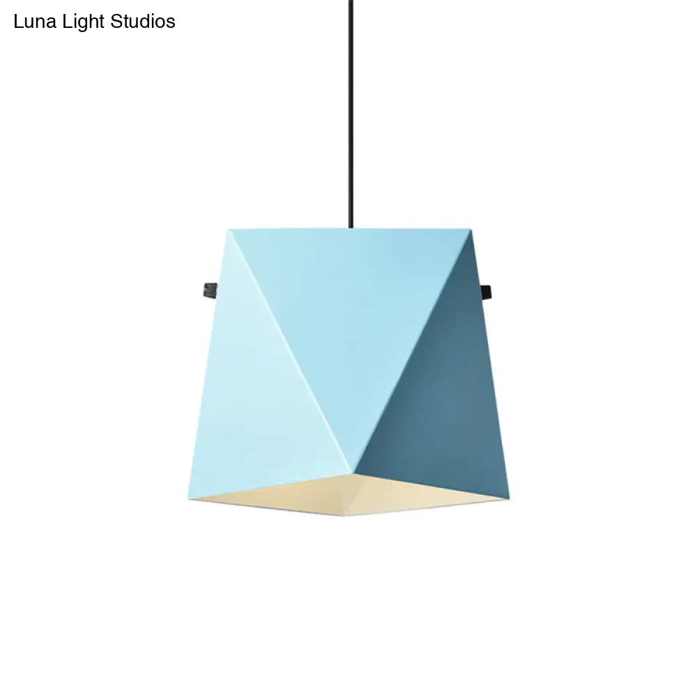 Geometric Pendant Ceiling Light In Macaron Iron Down Lighting With 1 Bulb - Pink/Black/Blue