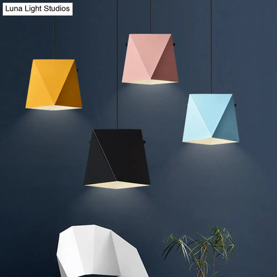 Geometric Pendant Ceiling Light In Macaron Iron Down Lighting With 1 Bulb - Pink/Black/Blue