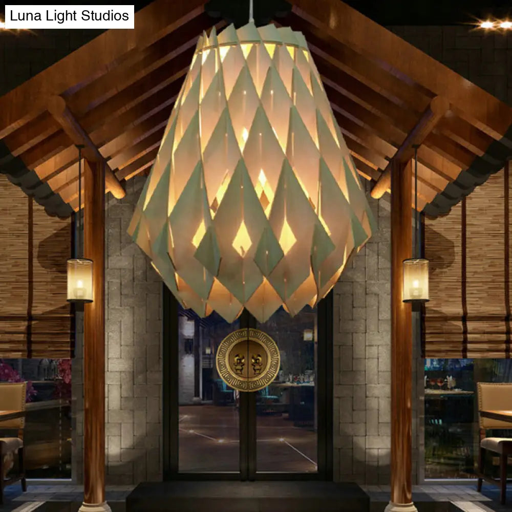 Geometric Pendant Lamp: Modern Wooden Hanging Light For Restaurants In Natural Wood