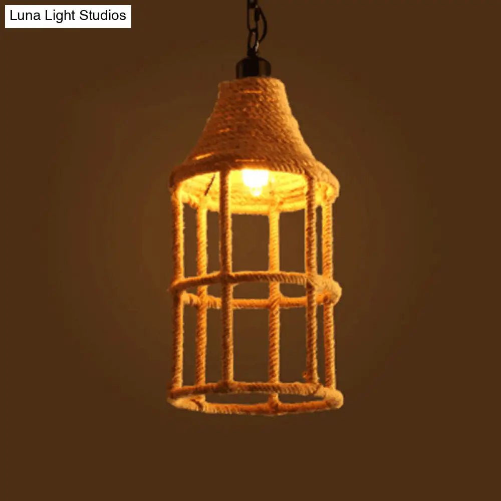 Geometric Pendant Light Kit - Industrial Beige Natural Rope Hanging Lighting For Dining Room / C