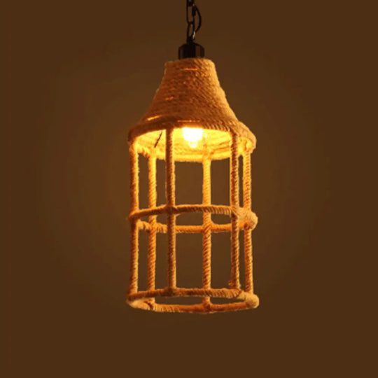 Geometric Pendant Light Kit - Industrial Beige Rope Hanging Lighting For Dining Room / C