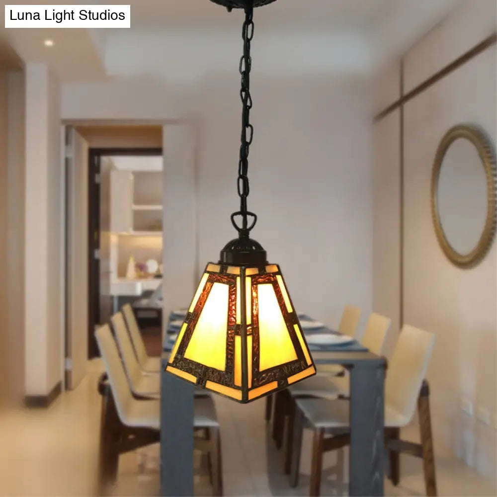 Geometric Pendant Light: Mission Style Stained Glass 1-Light Yellow For Bedroom Hanging
