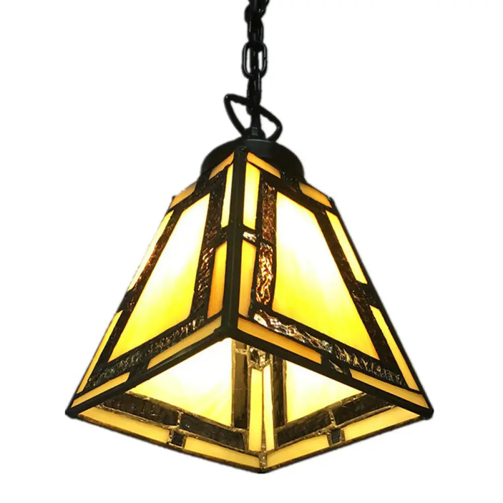 Geometric Pendant Light: Mission Style Stained Glass 1-Light Yellow For Bedroom Hanging /