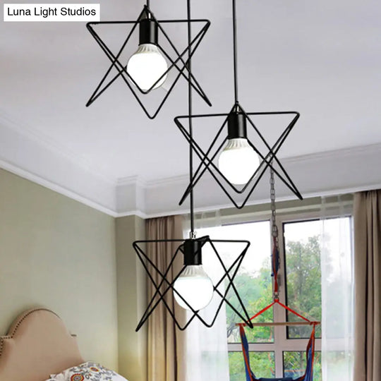 Geometric Pendant Light With Wire Frame: Industrial Style Black Iron Round/Linear Canopy - 3 Heads