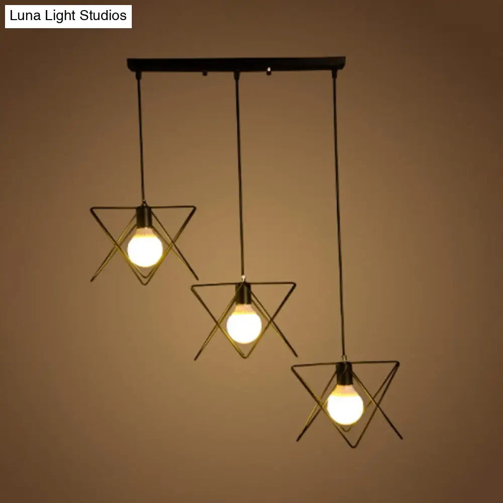 Geometric Pendant Light With Wire Frame: Industrial Style Black Iron Round/Linear Canopy - 3 Heads