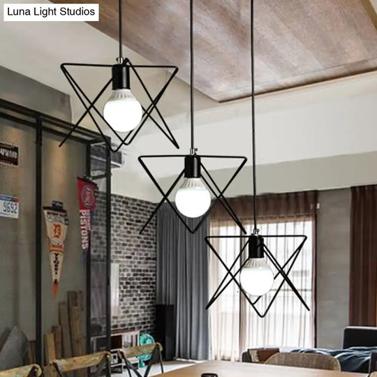 Geometric Pendant Light - Modern Industrial Style Iron Fixture With 3 Heads Black Wire Frame