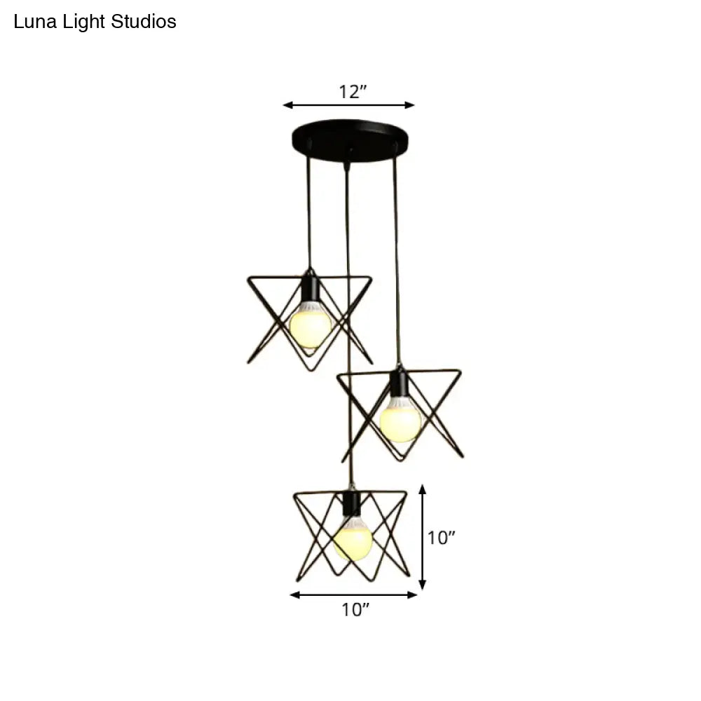 Geometric Pendant Light - Modern Industrial Style Iron Fixture With 3 Heads Black Wire Frame