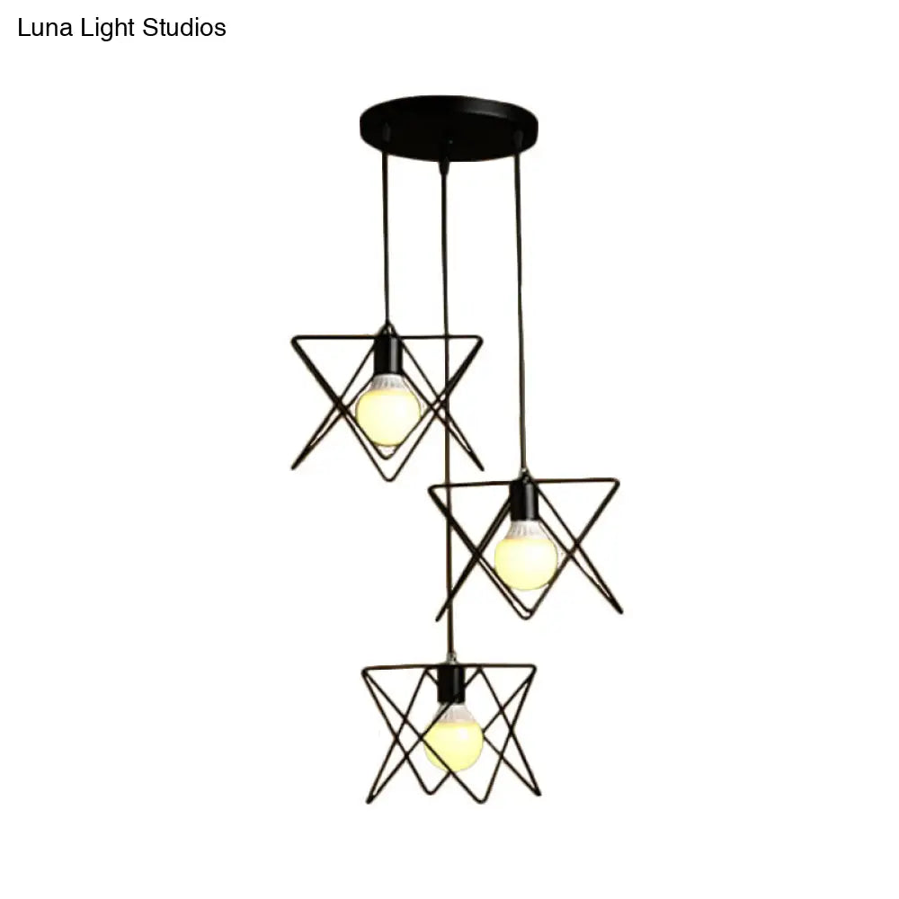 Geometric Pendant Light With Wire Frame: Industrial Style Black Iron Round/Linear Canopy - 3 Heads