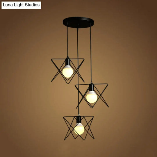 Geometric Pendant Light With Wire Frame: Industrial Style Black Iron Round/Linear Canopy - 3 Heads