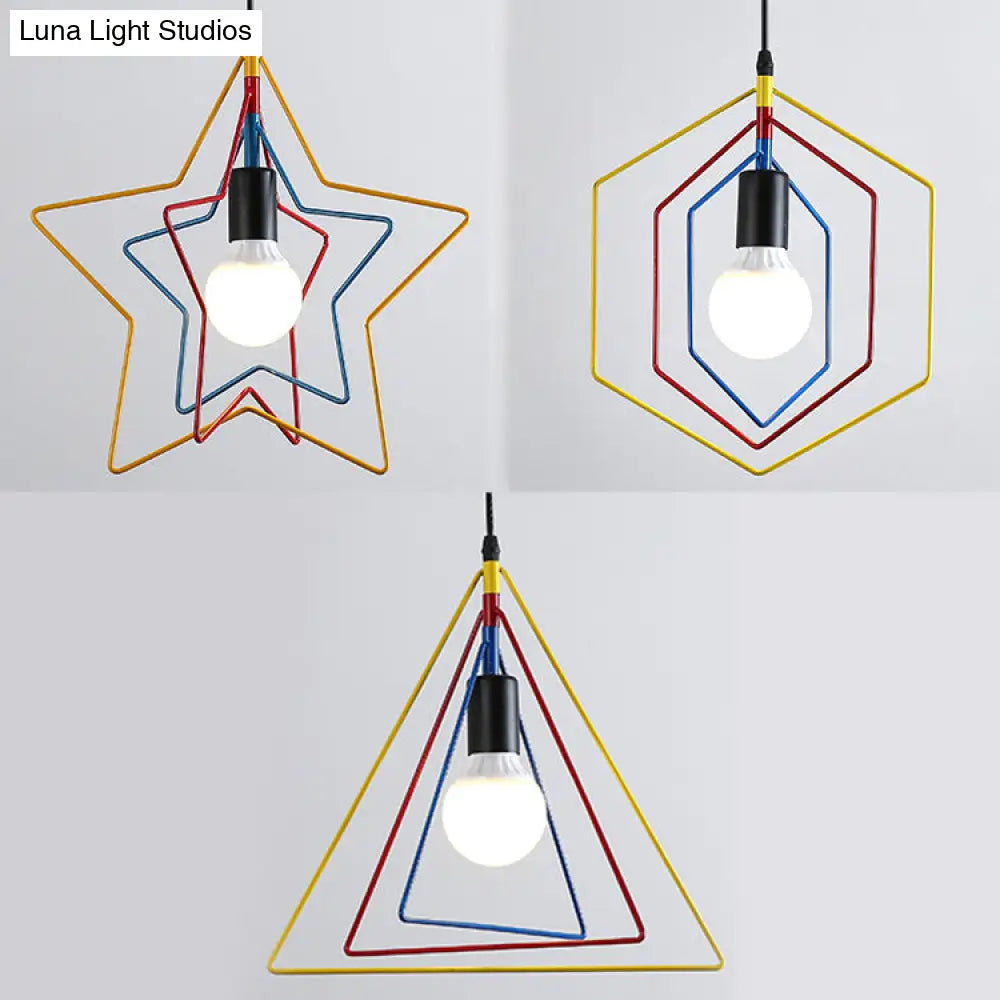 Geometric Industrial Pendant Light With 3 Multi-Colored Metal Lights For Dining Room Ceiling Hanging