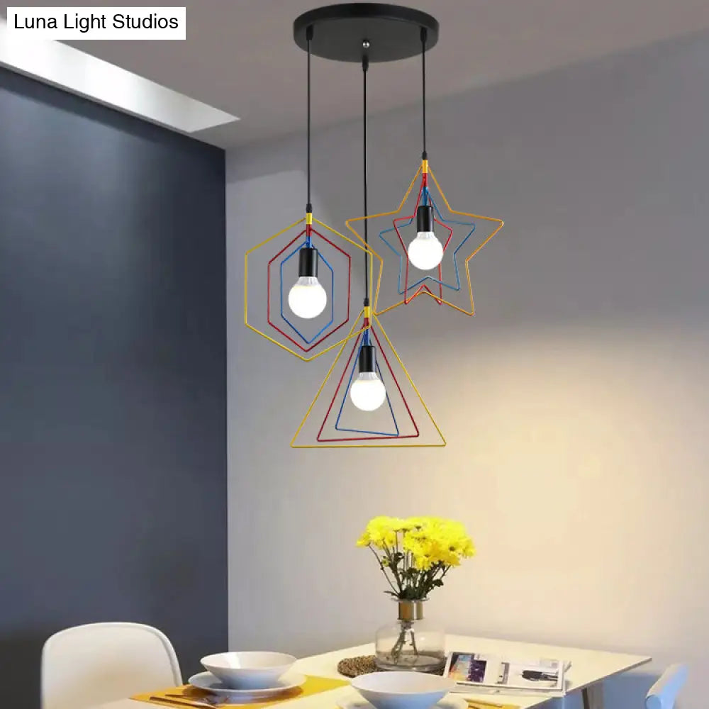 Geometric Industrial Pendant Light With 3 Multi-Colored Metal Lights For Dining Room Ceiling Hanging