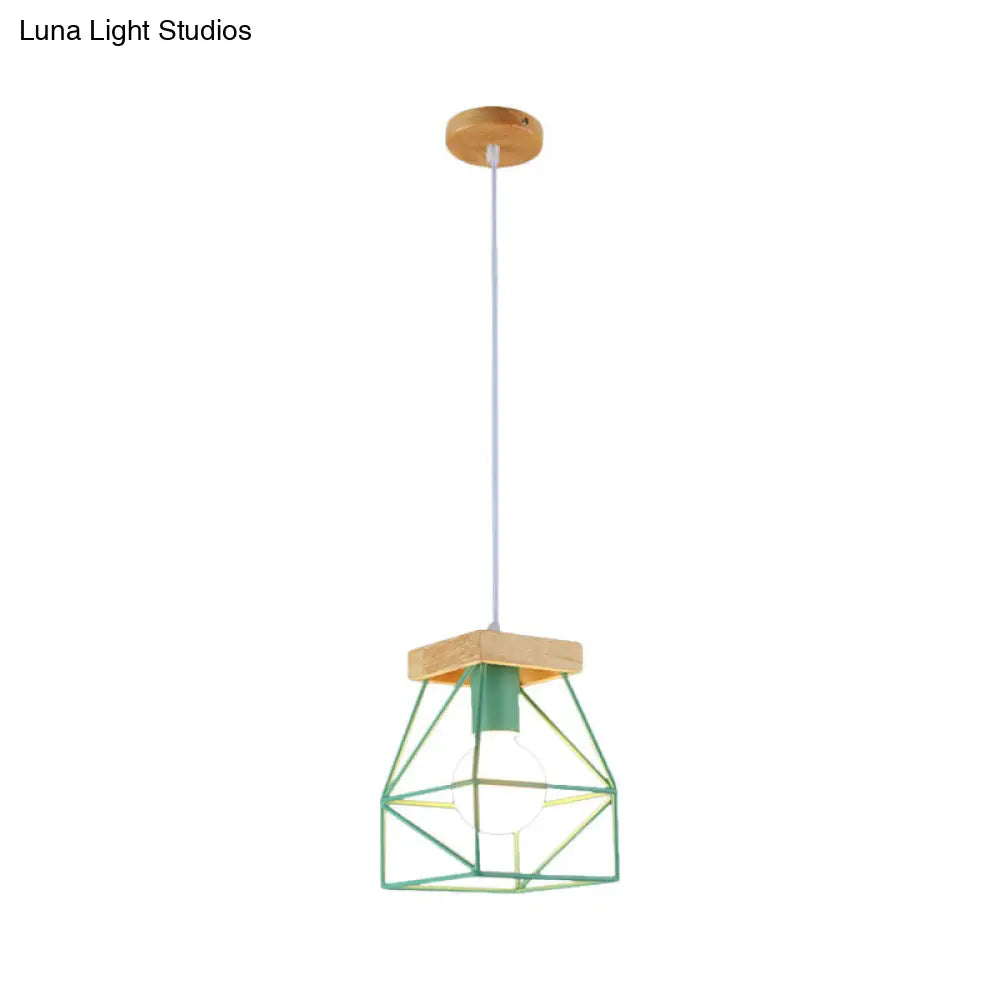 Geometric Macaron Pendant Light With Cage Shade For Bedroom - 1 Minimalist Metal Lighting In