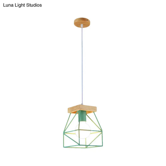 Geometric Macaron Pendant Light With Cage Shade For Bedroom - 1 Minimalist Metal Lighting In