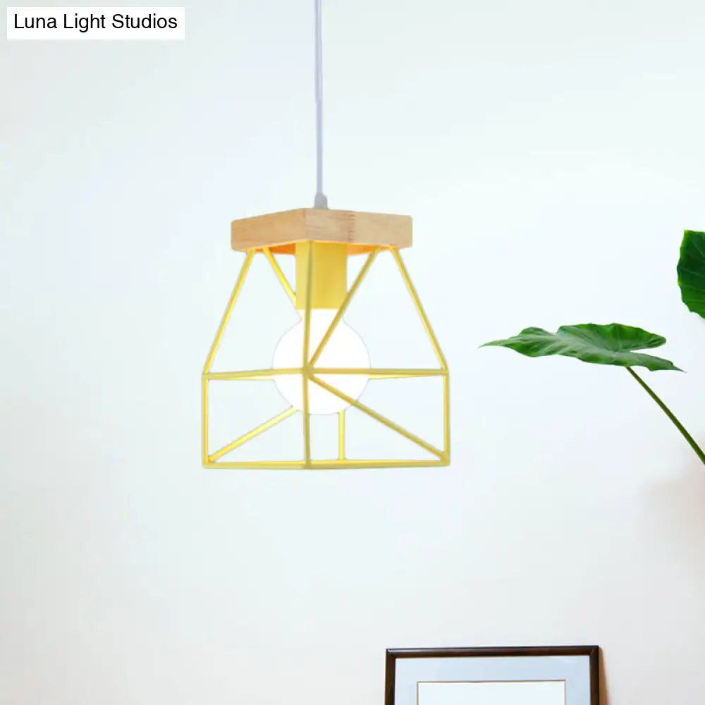 Geometric Pendant Light With Cage Shade - 1 Metal Lighting In Black/Blue For Bedroom