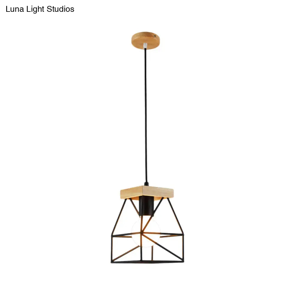 Geometric Pendant Light With Cage Shade - 1 Metal Lighting In Black/Blue For Bedroom