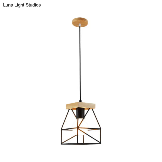 Geometric Pendant Light With Cage Shade - 1 Metal Lighting In Black/Blue For Bedroom