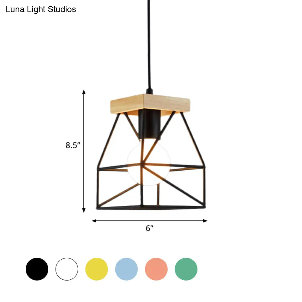 Geometric Pendant Light With Cage Shade - 1 Metal Lighting In Black/Blue For Bedroom