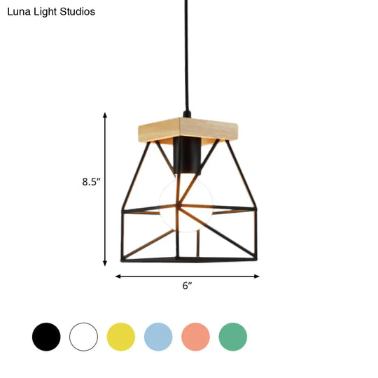 Geometric Pendant Light With Cage Shade - 1 Metal Lighting In Black/Blue For Bedroom