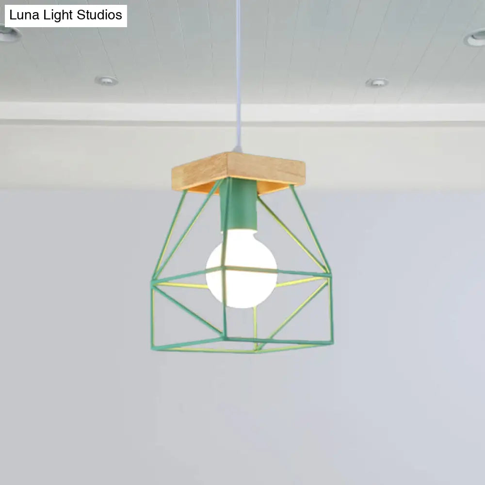 Geometric Macaron Pendant Light With Cage Shade For Bedroom - 1 Minimalist Metal Lighting In