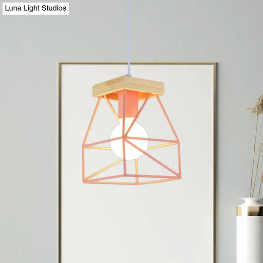 Geometric Pendant Light With Cage Shade - 1 Metal Lighting In Black/Blue For Bedroom