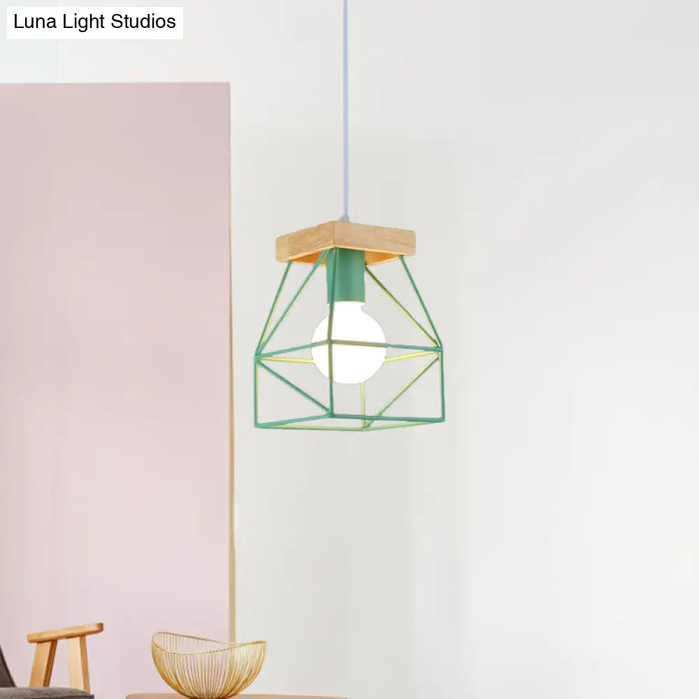 Geometric Pendant Light With Cage Shade - 1 Metal Lighting In Black/Blue For Bedroom