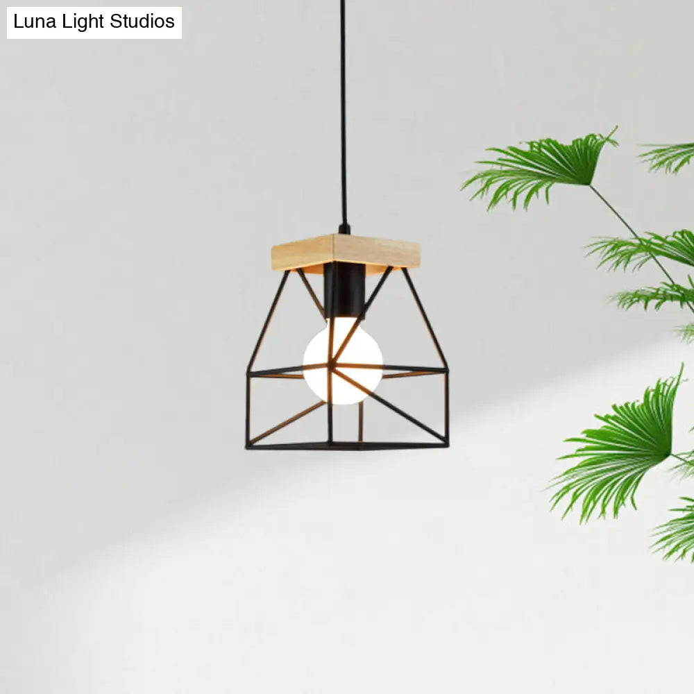 Geometric Pendant Light With Cage Shade - 1 Metal Lighting In Black/Blue For Bedroom