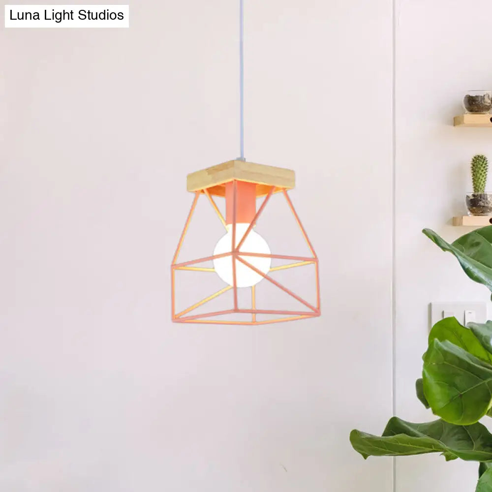 Geometric Macaron Pendant Light With Cage Shade For Bedroom - 1 Minimalist Metal Lighting In