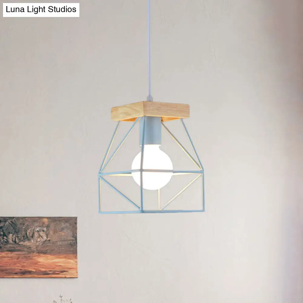 Geometric Macaron Pendant Light With Cage Shade For Bedroom - 1 Minimalist Metal Lighting In