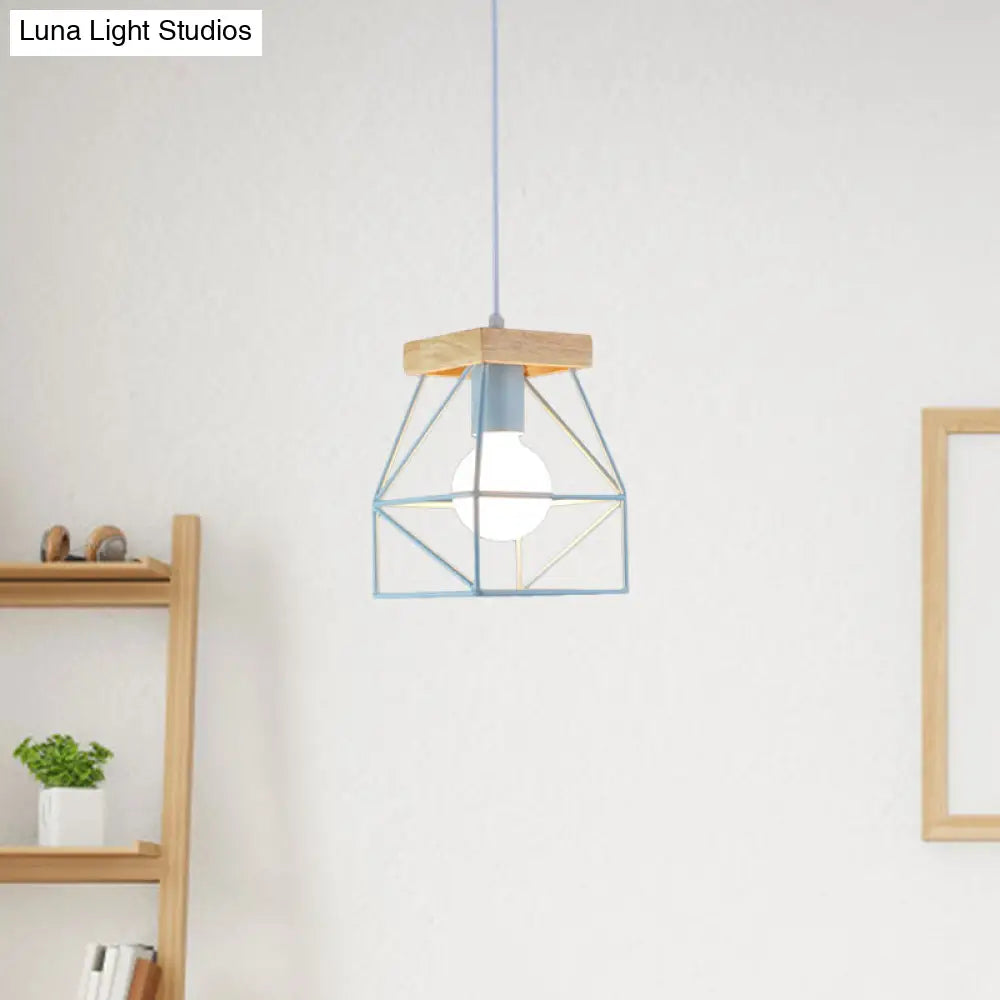 Geometric Pendant Light With Cage Shade - 1 Metal Lighting In Black/Blue For Bedroom