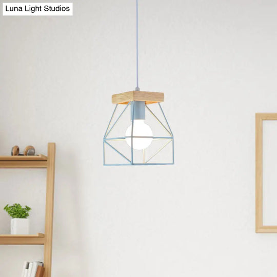 Geometric Pendant Light With Cage Shade - 1 Metal Lighting In Black/Blue For Bedroom