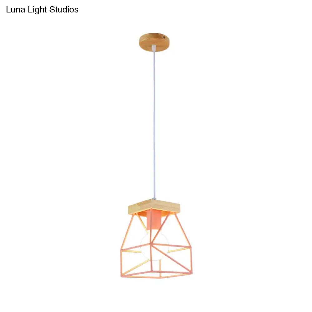 Geometric Macaron Pendant Light With Cage Shade For Bedroom - 1 Minimalist Metal Lighting In