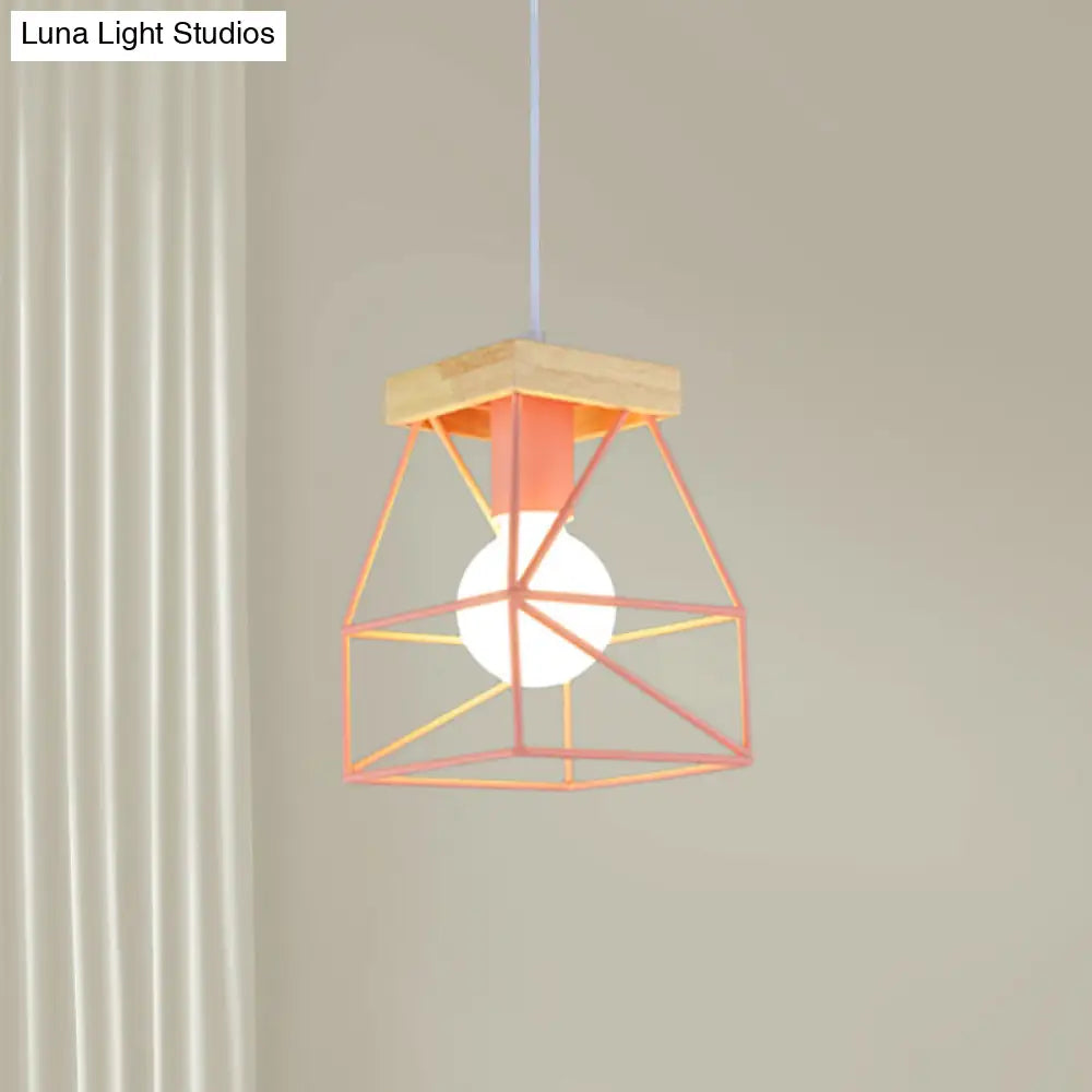 Geometric Macaron Pendant Light With Cage Shade For Bedroom - 1 Minimalist Metal Lighting In