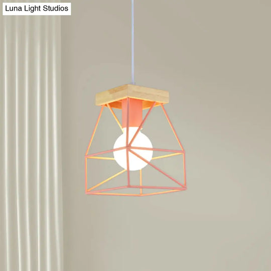 Geometric Macaron Pendant Light With Cage Shade For Bedroom - 1 Minimalist Metal Lighting In