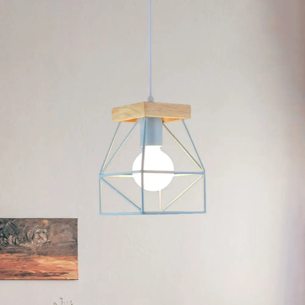 Geometric Pendant Light With Cage Shade - 1 Metal Lighting In Black/Blue For Bedroom Blue