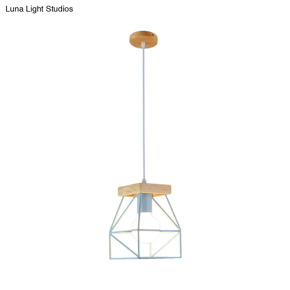 Geometric Pendant Light With Cage Shade - 1 Metal Lighting In Black/Blue For Bedroom