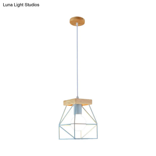 Geometric Pendant Light With Cage Shade - 1 Metal Lighting In Black/Blue For Bedroom